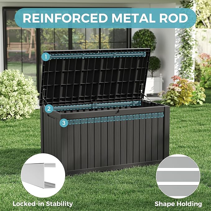 NUNU LAB 150 Gallon Outdoor Storage Box,Resin Large Sturdy Deck Box, Backyard Outside Storage Box Waterproof with Double Wall Panels,Package Delivery Garden Outdoor Hose Storage Bin-VerdiqueGarden