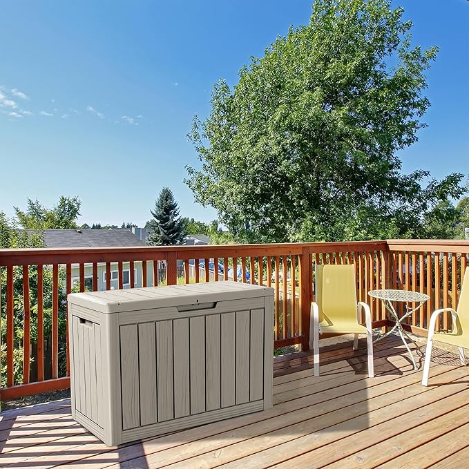 45 Gallon Lockable Resin Deck Box, Waterproof & UV-Resistant Outdoor Storage Box for Outdoor Cushion Storage, Garden Tools & Pool Accessories Storage, Gray-VerdiqueGarden