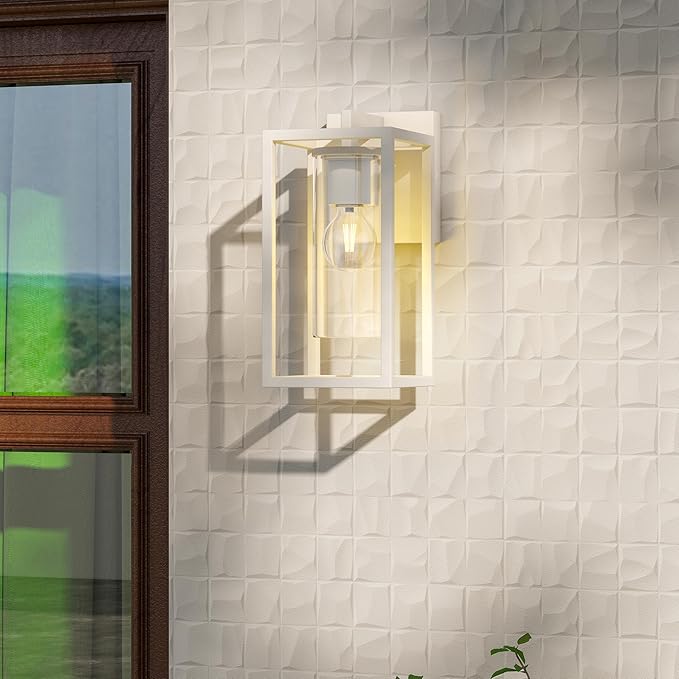 Pia Ricco Outdoor Wall Lights, Outdoor Wall Lantern with Circular Clear Glass Shade, Waterproof Exterior Lighting Fixtures, Modern Front Porch Lighting for House, Garage, E26 Base, ETL Listed, White-VerdiqueGarden