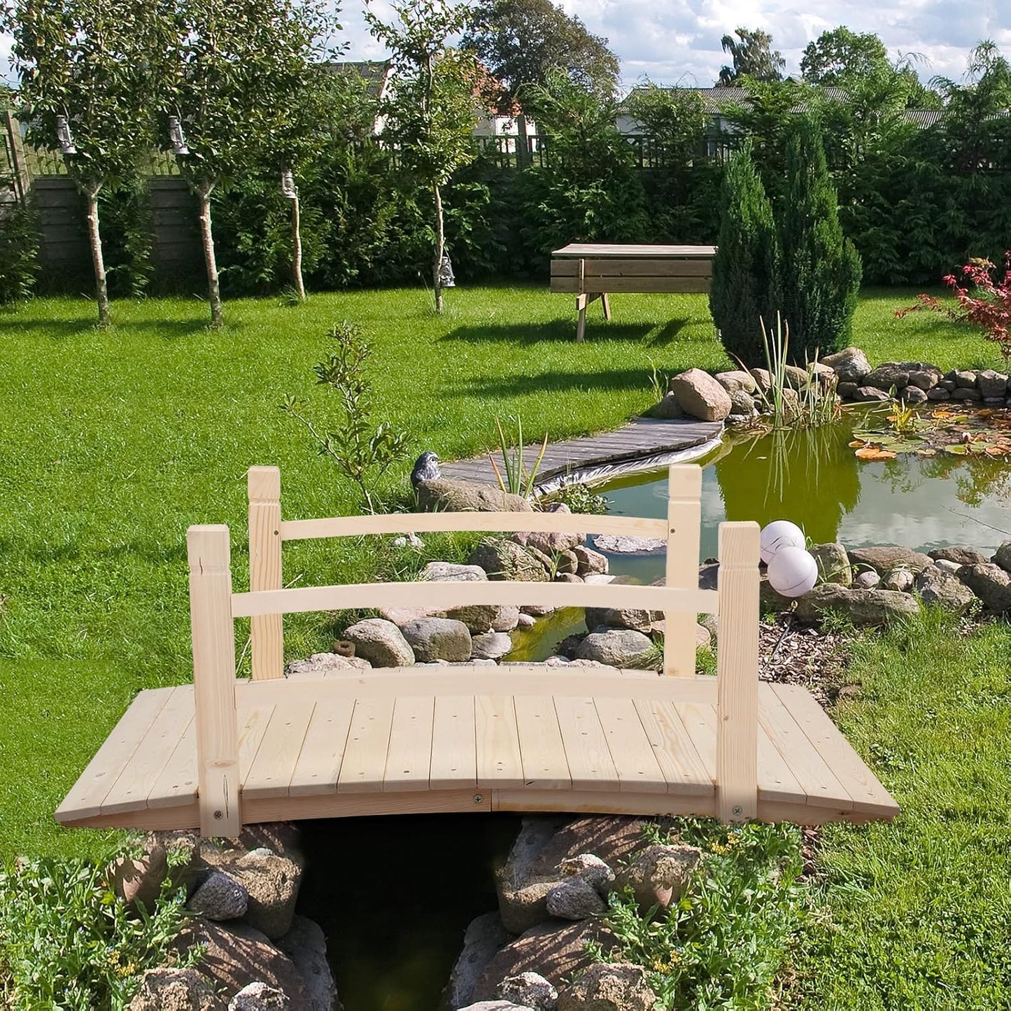 VINGLI 4 ft Garden Bridge, Arch Walkway Wooden Bridge with Safety Rails Natural Finished, Decorative Landscaping Footbridge for Koi Pond, Dry Creek Bed, Garden Pathway or Japanese Zen Decor-VerdiqueGarden