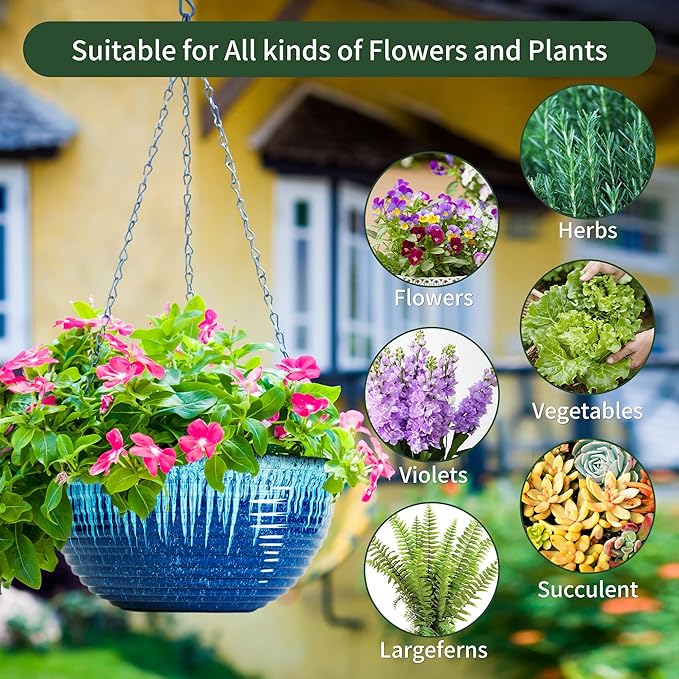 12 inch Hanging Planters for Indoor Outdoor Plants, 2 Pack Large Hanging Flower Pots with Drainage Holes and Chain, Glazed Hanging Baskets for Home Garden Decoration (Blue Flow Glaze)-VerdiqueGarden