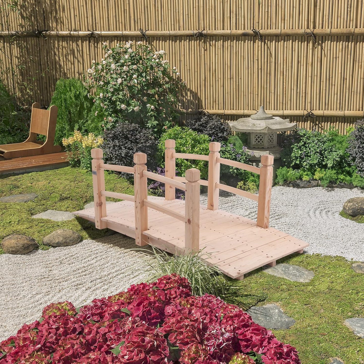 VINGLI 5 ft Garden Bridge, Classic Wooden Arch with Safety Rails Natural Finished Footbridge, Decorative Pond Landscaping, Backyard Creek or Farm-VerdiqueGarden