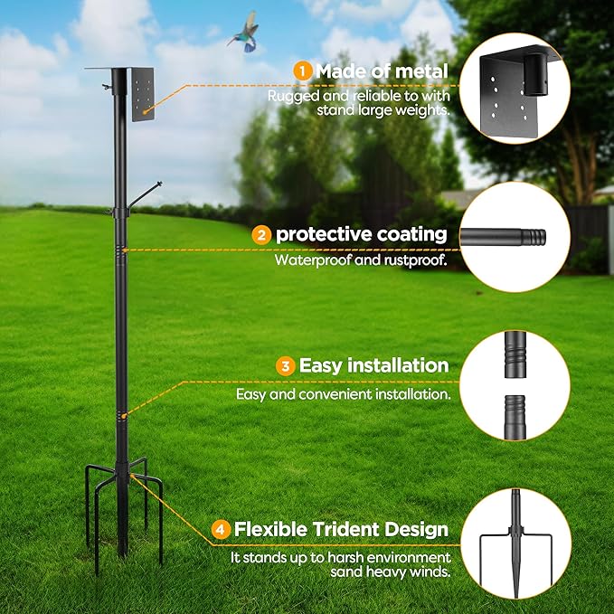 Bird House Pole Kit, Heavy-Duty Adjustable Pole for Outdoors with 5 Prongs Base,Metal Universal Support Pole for Bird Feeders,Solar Pannel,Black-VerdiqueGarden