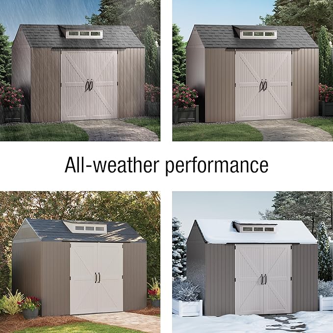 Rubbermaid Extra Large Resin Outdoor Storage Shed With Floor (7 x 10.5 Ft.) Weather Resistant Brown Organization for Home/Lawn Mower/Backyard Equipment/Bike Storage/Pool Supplies-VerdiqueGarden