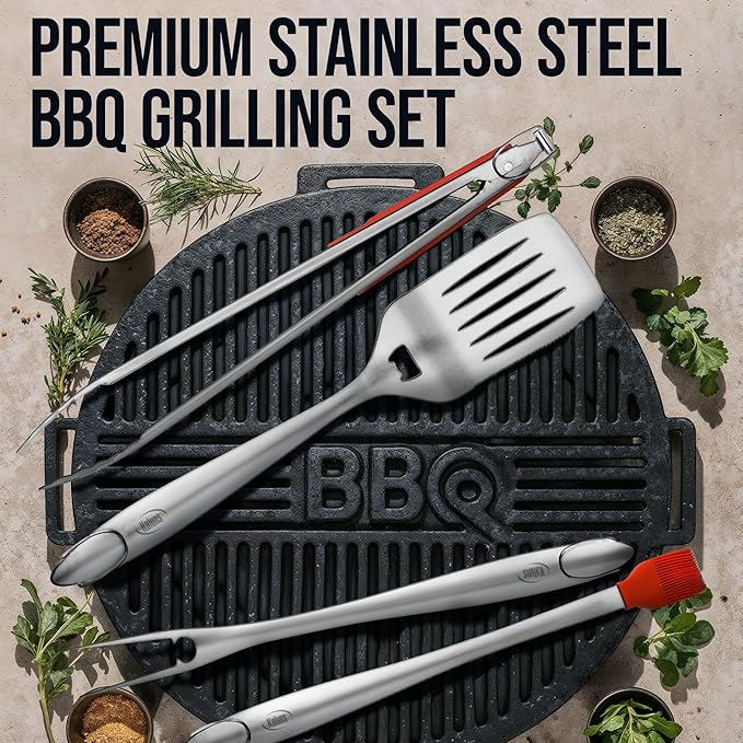 Kaluns BBQ Grilling Accessories, Grilling Gifts for Men Dad, Grill Tools for Outdoor Grill, Heavy Duty Stainless Steel Grill Set with Spatula, Tongs, Fork, Brush, & Grilling Mat, Best BBQ Gifts-VerdiqueGarden