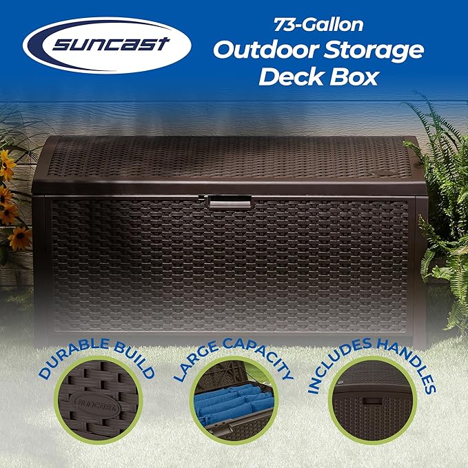 Suncast Outdoor Storage Box - 73 Gallon Mocha Brown Deck Box for Patio, Waterproof Outdoor Storage Bench, Resin Wicker Style, Heavy-Duty, Lockable Lid for Cushions, Shoes, Pool & Garden Gear-VerdiqueGarden