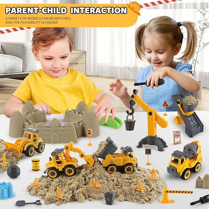 Asoxt 43-Piece Construction Sensory Playset – 2 lbs Play Sand, 4 DIY Trucks, Crane & Road Signs – Creative Sandbox Toy for Kids Ages 3+-VerdiqueGarden