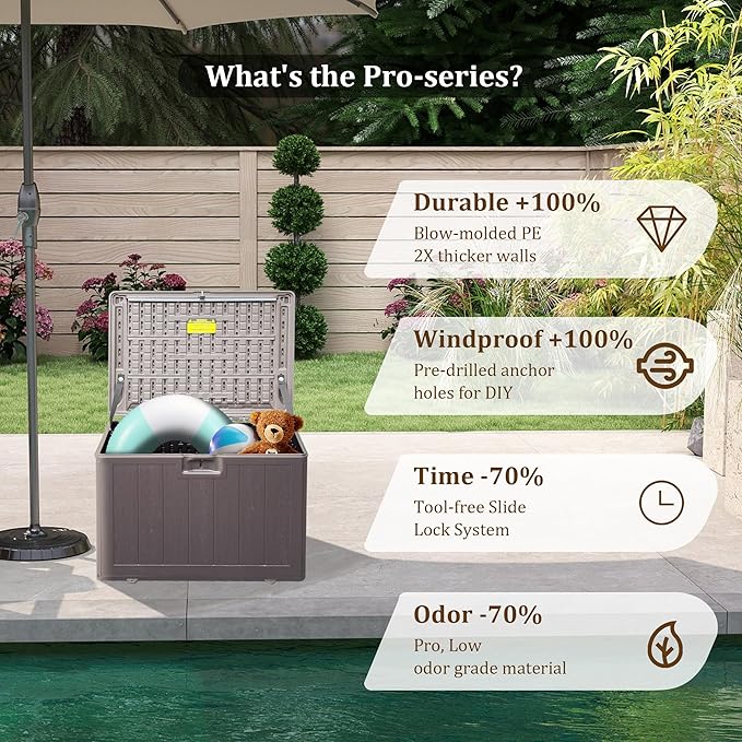 80 Gallon Pro Outdoor Storage Box Waterproof Lockable Resin Deck Box Large, Patio Storage Bin for Pool Accessories Cushion Furniture, Garden Tools, UV-Resistant Outside Delivery Brown-VerdiqueGarden