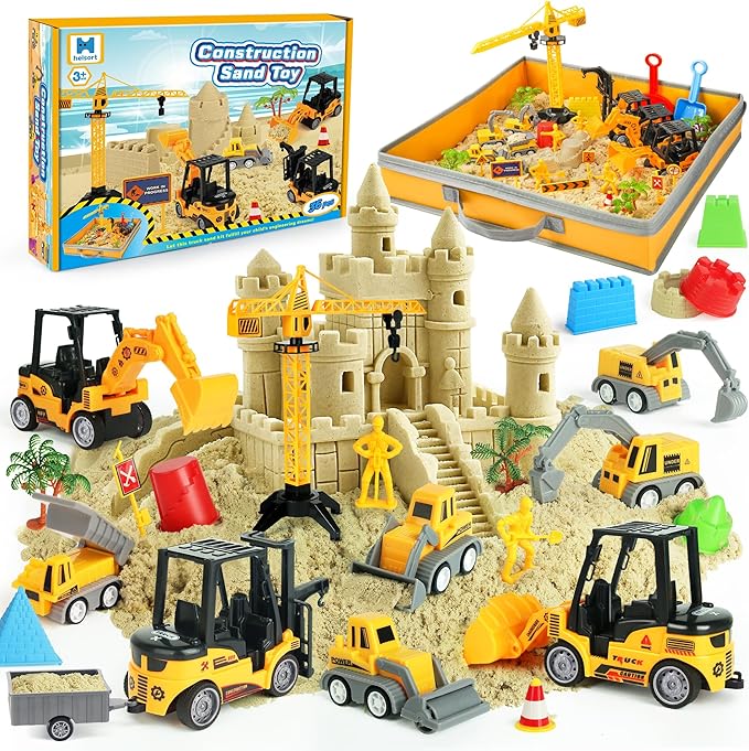 Sand Construction Site Kit - 37 Pcs Play Sand Art Kit with 8 Construction Trucks, Folding Sandbox, 2.2 lbs Magic Sand, Crane, Worker, Road Signs, Molds, Shovel - Ideal Toys for Boys Girls Age 3+-VerdiqueGarden
