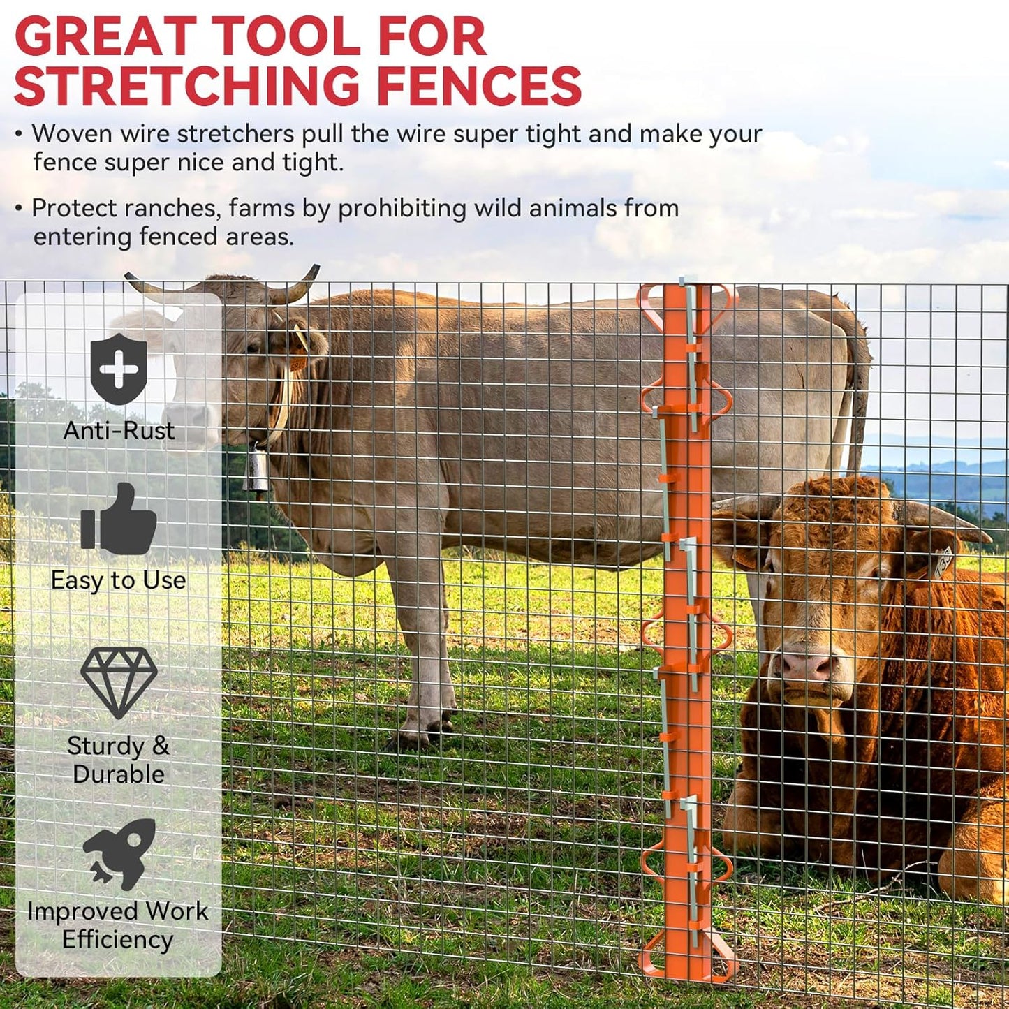 4ft Woven Wire Fence Stretcher Bar with 5 Wedges Heavy Duty Wire Stretcher Fence Tool for Farms, Ranches, Garden Barriers, Yard (Orange)-VerdiqueGarden