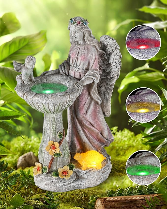 iStatue Solar Angel with Mushroom Bird Bath Statue - 9.5'' Garden Decor for Outside Clearance, Color-Changing Lights Lawn Ornaments Baby Turtle Figurine for Yard Patio Balcony (Angel)-VerdiqueGarden