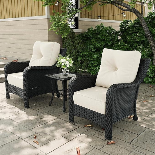3 Pieces Outdoor Patio Furniture Sets with Single Chairs with 6-inch Thick Cushion and Side Table for Deck Lawn-VerdiqueGarden
