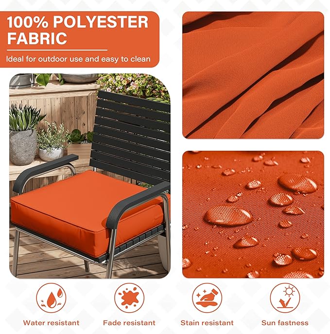 Patio Chair Cushions 24 X 24 X 5 Inch Waterproof Outdoor Seat Cushions for Patio Furniture, Outdoor Sofa Couch Pads with Ties & Handle, Set of 2, Orange-VerdiqueGarden