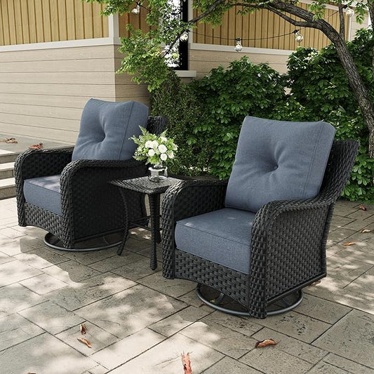 3 Pieces Outdoor Patio Furniture Sets with Rocking Swivel Chairs with 6-inch Thick Cushion and Side Table for Deck Lawn-VerdiqueGarden