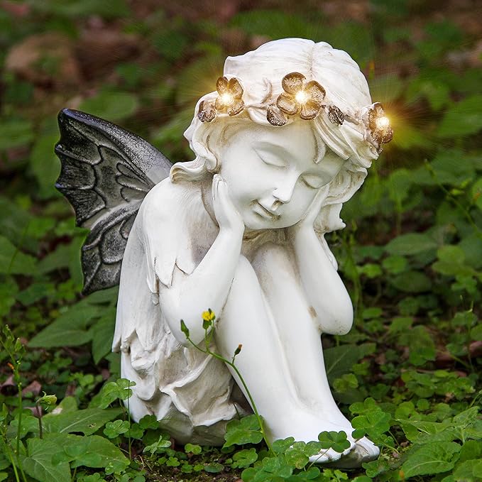 Leekung Ivory White Resin Sculpture, Angel Figurine with Solar Powered Lights for Outdoor Decor, Garden Decorations & Memorial Gifts-VerdiqueGarden