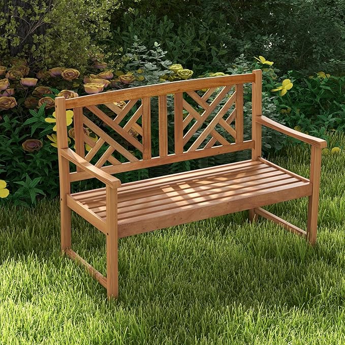 Giantex Outdoor Wooden Garden Bench - 2-Person Acacia Wood Loveseat with Armrests, Backrest, 800lbs Capacity, Patio Park Bench for Backyard, Front Porch Bench (Non-Foldable)-VerdiqueGarden