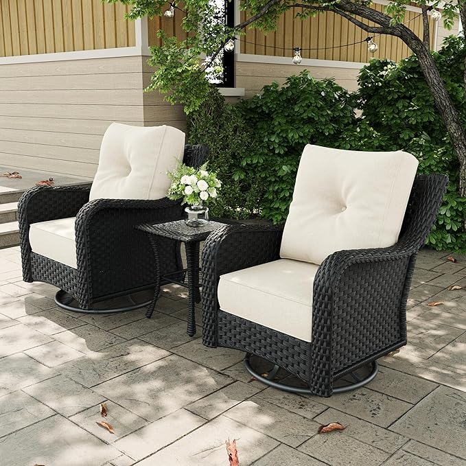 3 Pieces Outdoor Patio Furniture Sets with Rocking Swivel Chairs with 6-inch Thick Cushion and Side Table for Deck Lawn-VerdiqueGarden