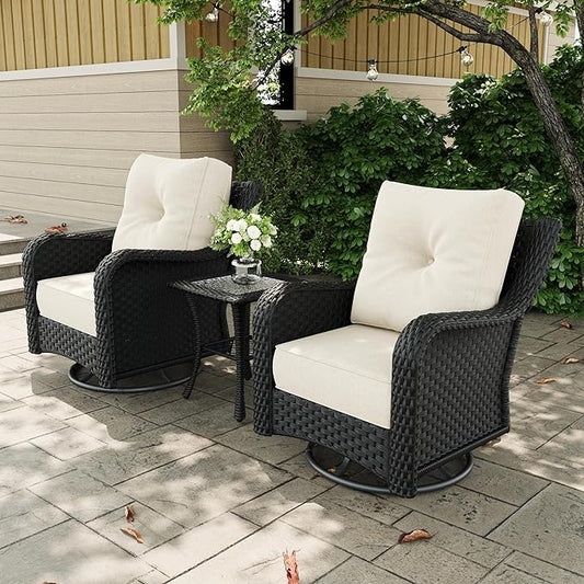 3 Pieces Outdoor Patio Furniture Sets with Rocking Swivel Chairs with 6-inch Thick Cushion and Side Table for Deck Lawn-VerdiqueGarden