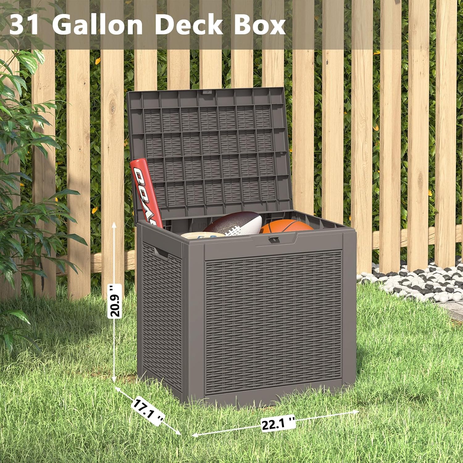 31 Gallon Deck Box, Resin Outdoor Storage Box, Waterproof and UV Resistant Deck Box, Lightweight Storage Box for Garden Tools, Pool Supplies-VerdiqueGarden