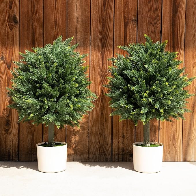 Premium 16" Diameter Artificial Cypress Topiary – Set of 2 Faux Plants in Beige Decorative Planters – UV-Resistant, Weatherproof, Realistic Outdoor & Indoor Greenery-VerdiqueGarden