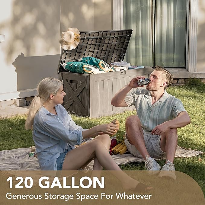 Devoko 120 Gallon Deck Box Resin Outdoor Storage Box Waterproof for Patio, Large Outdoor Storage Bench Lockable for Outside (Brown)-VerdiqueGarden