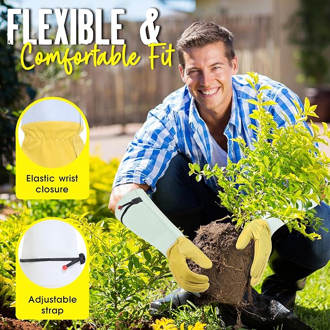 HANDLANDY Rose Gloves for Men & Women, Long Leather Gardening Gloves Thorn Proof, Best Garden Gifts & Tools for Gardener (Yellow-beige, X-Large (Pack of 1))-VerdiqueGarden