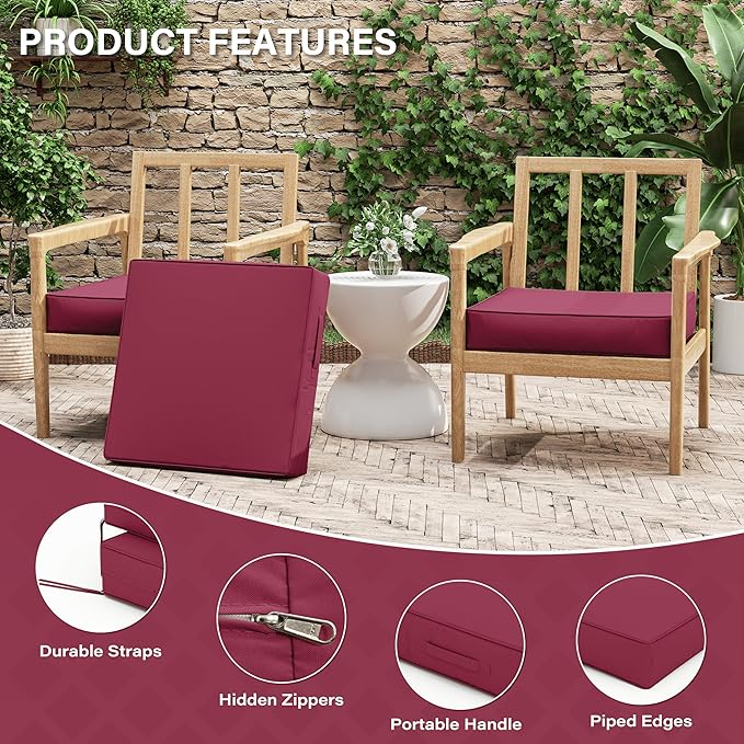 Patio Chair Cushions 22 X 22 X 4 Inch Waterproof Outdoor Seat Cushions for Patio Furniture, Outdoor Sofa Couch Pads with Ties & Handle, Set of 2, Fuchsiared-VerdiqueGarden