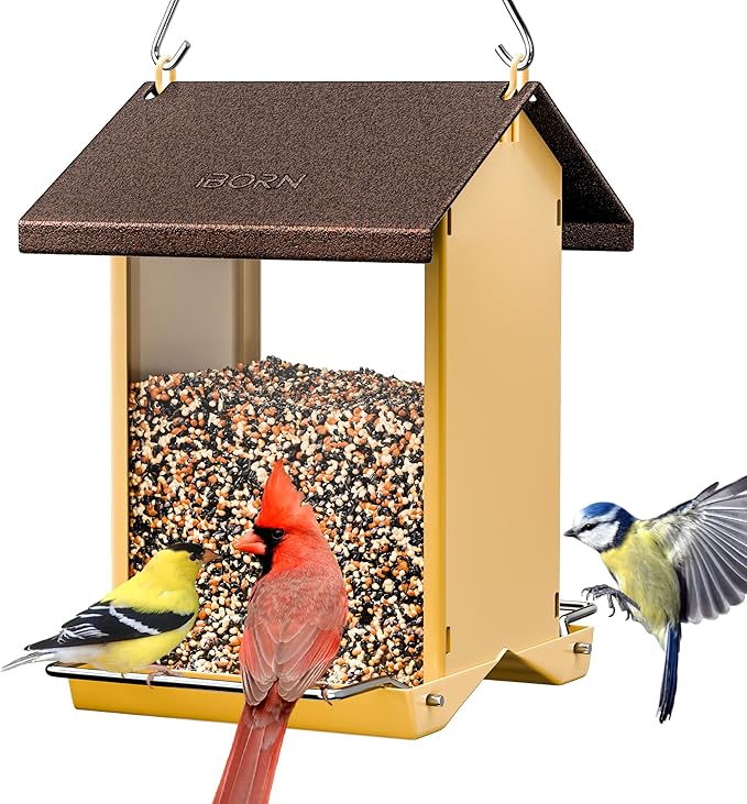 iBorn Bird Feeders for Outdoors,Bird House Feeder with Weatherproof Metal Roof & 8 Drain Holes,Fully Detachable Birdfeeder Design,Easy Clean & Refill,Chew-Proof PC Windows,1.5 Lbs Capacity,Coffee Roof-VerdiqueGarden