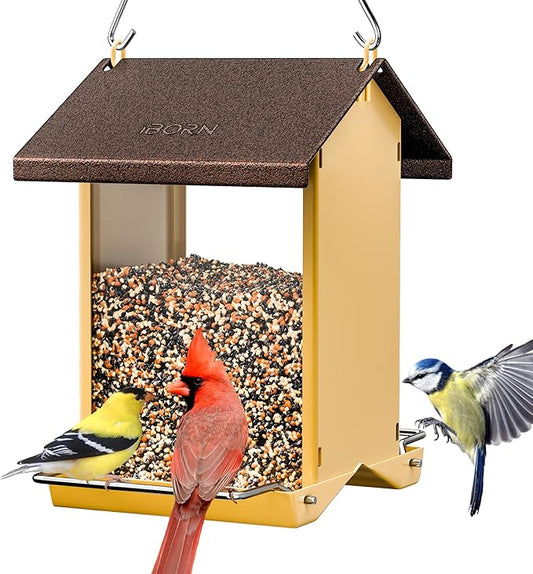 iBorn Bird Feeders for Outdoors,Bird House Feeder with Weatherproof Metal Roof & 8 Drain Holes,Fully Detachable Birdfeeder Design,Easy Clean & Refill,Chew-Proof PC Windows,1.5 Lbs Capacity,Coffee Roof-VerdiqueGarden