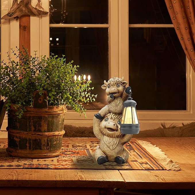 Highland Cow Statues with Solar Lights, Highland Cow Resin Figurine Lights, Highland Cow Ornaments for Patio, Balcony, Indoor Decoration and as Gifts-VerdiqueGarden