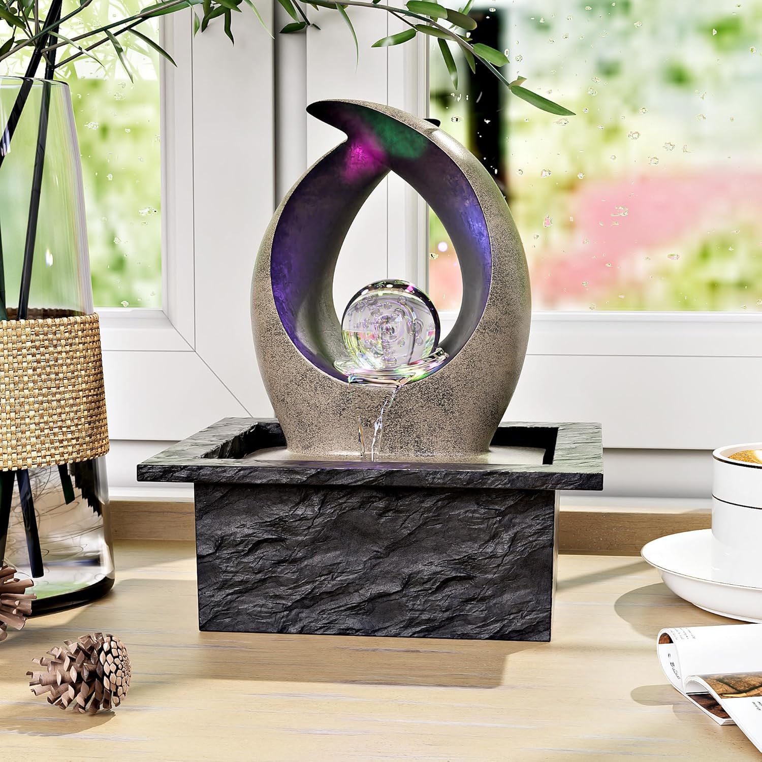 Tabletop Water Fountain, Indoor Desk Waterfall, Meditation Fountain with LED Lights Rolling Ball & Curved Form, Home Office Decor-VerdiqueGarden