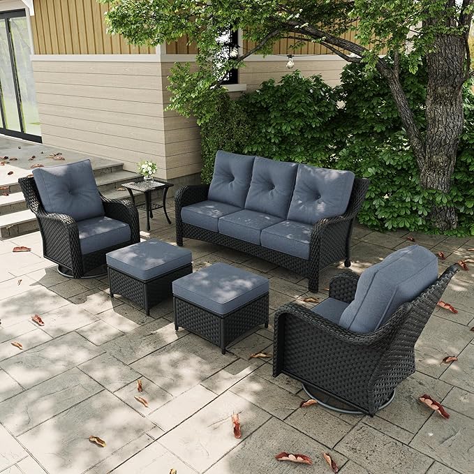 6 Pieces Outdoor Patio Furniture Sets with Rocking Swivel Chairs with 6-inch Thick Cushion and Side Table for Deck Lawn-VerdiqueGarden