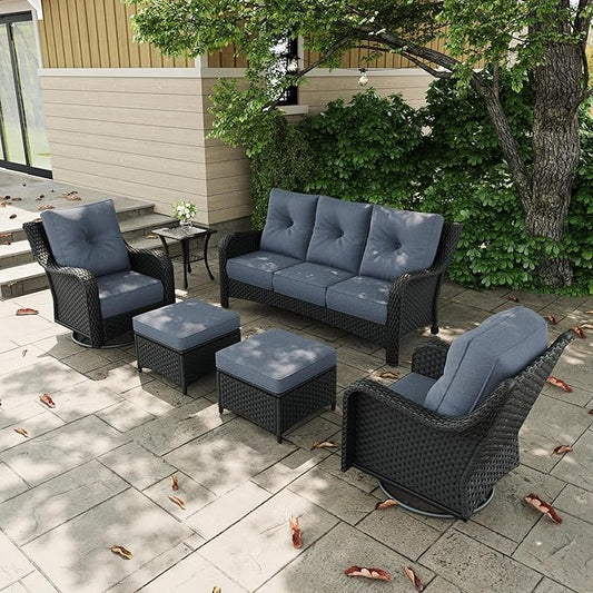 6 Pieces Outdoor Patio Furniture Sets with Rocking Swivel Chairs with 6-inch Thick Cushion and Side Table for Deck Lawn-VerdiqueGarden
