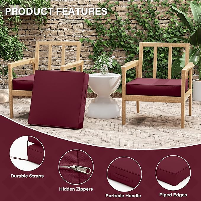Patio Chair Cushions 22 X 22 X 4 Inch Waterproof Outdoor Seat Cushions for Patio Furniture, Outdoor Sofa Couch Pads with Ties & Handle, Set of 2, Burgundy-VerdiqueGarden