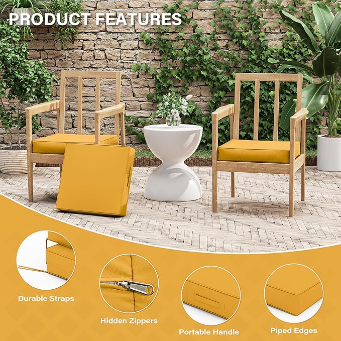 Patio Chair Cushions 17 X 16 X 3 Inch Waterproof Outdoor Seat Cushions for Patio Furniture, Outdoor Sofa Couch Pads with Ties & Handle, Set of 2, Yellow-VerdiqueGarden