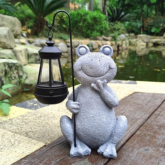 Frog Solar Garden Statues,Resin Frog Figurine Decorations with Solar Lights Lantern, Outdoor Frog Garden Decor Art for Lawn,Yard, Unique Housewarming Gift for Garden Home-VerdiqueGarden