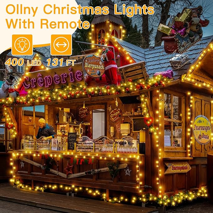 Ollny Christmas Lights Outdoor 400LED 131FT, Warm White Fairy Lights with Remote 3 Timer, Plug in 8 Modes String Lights for Bedroom Indoor Outside House Party Xmas Decorations-VerdiqueGarden