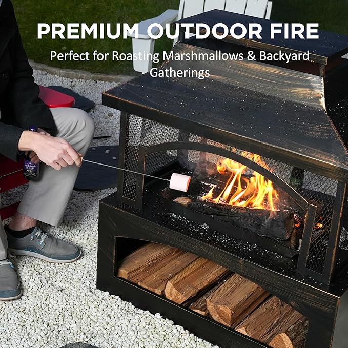 Red Mountain Valley 37in Outdoor Wood Burning Fireplace, Large Outdoor Fire Pit with Log Grate and Poker, Chimney Outside Fireplace with Firewood Racks Storage for Patio, Garden and Backyard-VerdiqueGarden