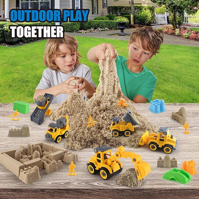 Construction Sandbox with Lid - 4 Vehicles with 1 Conveyor, 8 Castle Molds, 6 Figures & 3lbs Moldable Sand - Preschool Sensory Bin for Fine Motor Skills, Ages 3-6-VerdiqueGarden