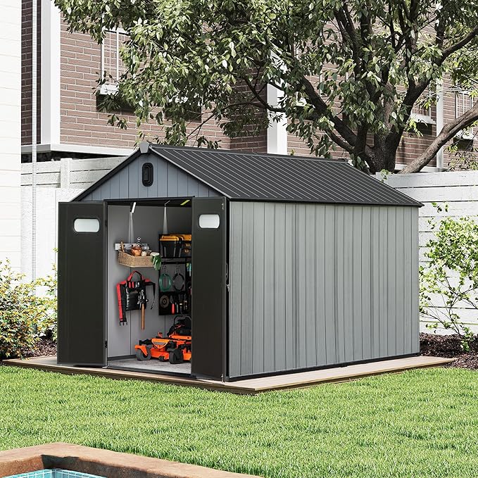 Domi 8x10 FT Outdoor Resin Storage Shed, All-Weather Double-Wall Garden Shed for Backyard, Lawn Tools, Bike, Mower & Pool Equipment with Lockable Doors, Ventilated Roof, Grey-VerdiqueGarden