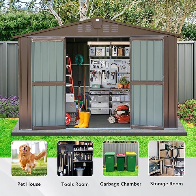 Domi Outdoor 10' x 8' Storage Shed, Metal Steel Utility Tool Shed Storage House with Double Lockable Doors & Air Vents for Backyard Patio Garden Lawn Brown-VerdiqueGarden