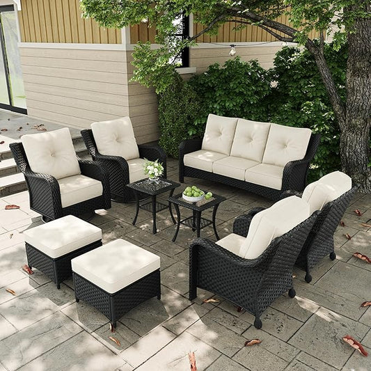 9 Pieces Outdoor Patio Furniture Sets with Rocking Swivel Chairs with 6-inch Thick Cushion and Side Table for Deck Lawn-VerdiqueGarden