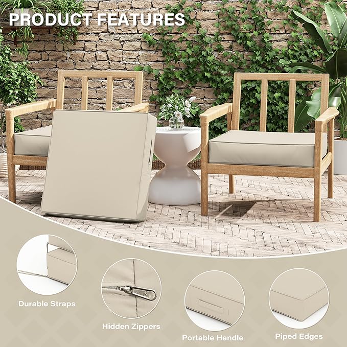 Patio Chair Cushions 24 X 24 X 5 Inch Waterproof Outdoor Seat Cushions for Patio Furniture, Outdoor Sofa Couch Pads with Ties & Handle, Set of 2, Cream-VerdiqueGarden