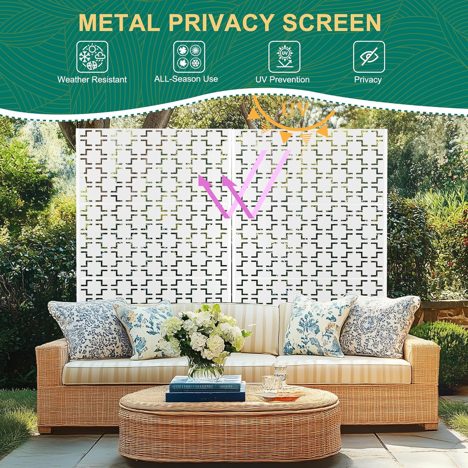 72" H×47" W Metal Privacy Screen Outdoor Privacy Screen Freestanding, Outdoor Privacy Screens and Panels for Patio Lawn Deck(Consists of 3 Panels)-VerdiqueGarden