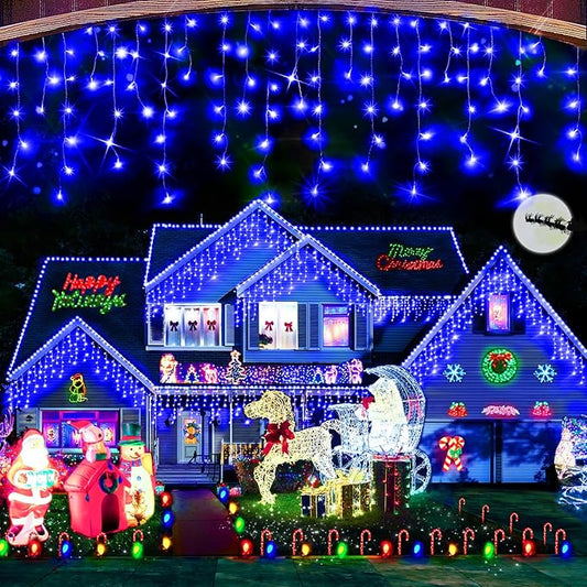 Hezbjiti Christmas Lights Decorations Outdoor, 800 LED 65.6 FT 8 Modes 150 Drops Fairy String Curtain Lights for Christmas Decor Eaves Window Party Yard Garden Indoor (Blue)-VerdiqueGarden