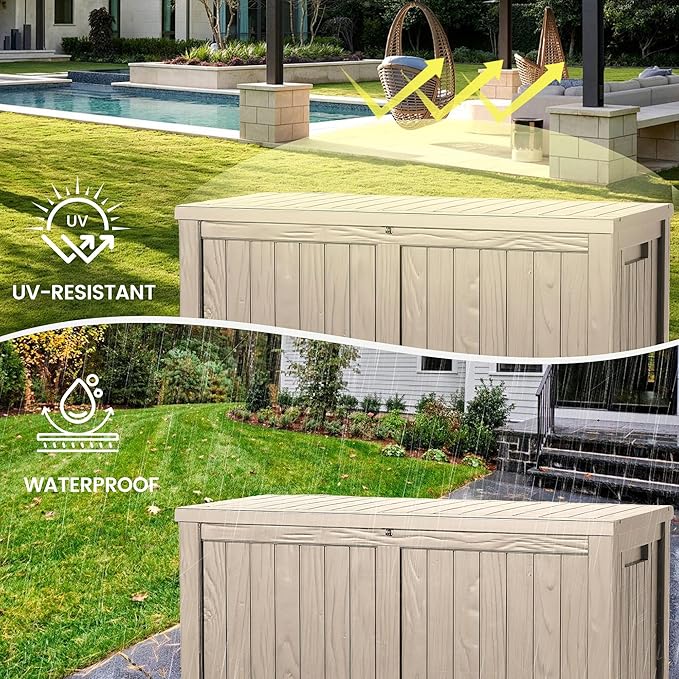120 Outdoor Storage Box, Waterproof Resin Deck Box for Indoor & Outdoor Use, Lockable Storage Bench with Piston Hinge, Storage Bin for Patio Cushions, Garden Tools, Package Delivery, Grey-VerdiqueGarden