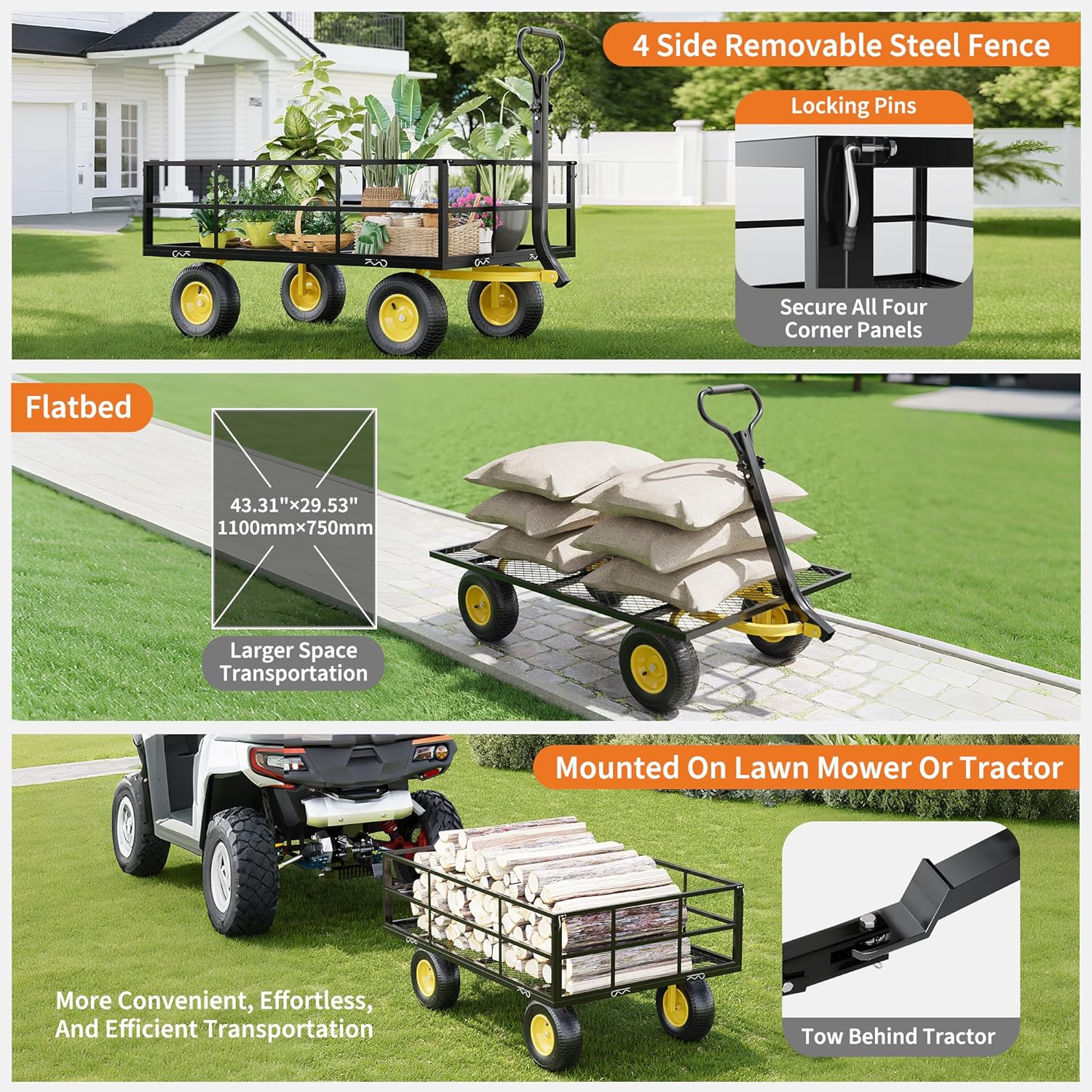 3-in-1 Heavy-Duty Steel Garden Cart, 1200 Lbs Garden Wagon, with 13 Inch All-Terrain Tires and Removable Mesh Side Panels, 180° Rotating Handle, Metal Multi-Function Carts, Outdoor Gardens Wagon Cart-VerdiqueGarden