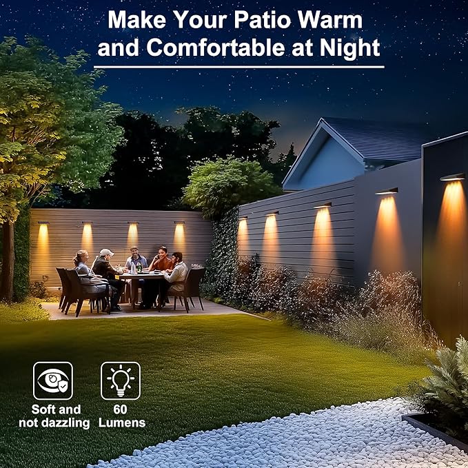 Solar Fence Lights Outdoor Waterproof IP65, 6 Pack Fence Lights Solar Powered 60 Lumens Auto On/Off Step Wall Lights Outside Decorations for Yard, Porch, Patio, Stairs, Pool, Deck, Garden- Warm Light-VerdiqueGarden