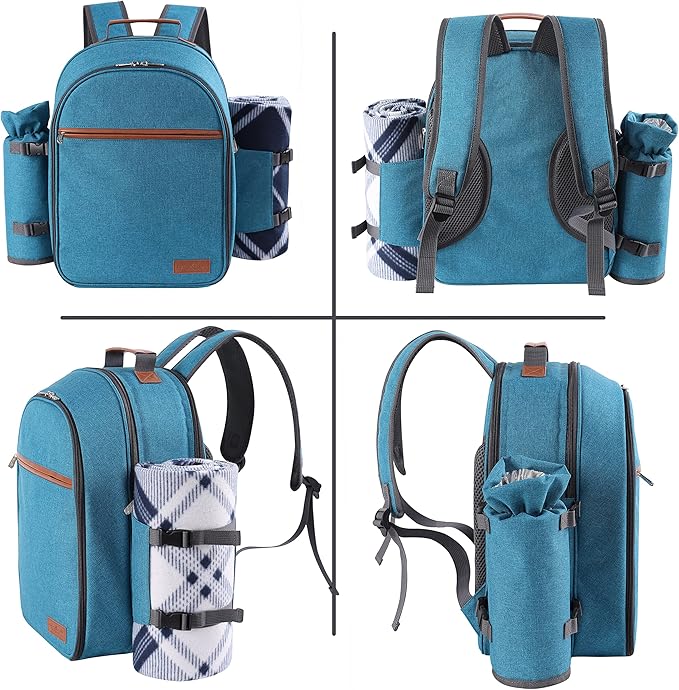 Apollo Walker Picnic Backpack Set for 2 Person with Cooler Compartment, Detachable Bottle/Wine Holder, Fleece Blanket, Plates and Cutlery Set (Teal)-VerdiqueGarden