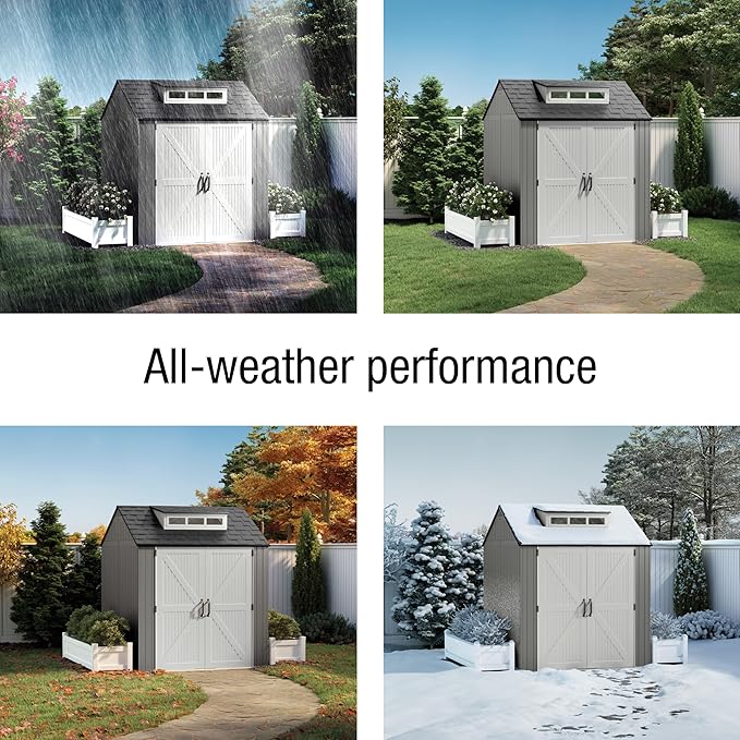 Rubbermaid Resin Outdoor Storage Shed With Floor (7 x 7 Ft) Weather Resistant Gray Organization for Home/Backyard/Garden Tools/Lawn Mower/Bike Storage/Pool Supplies-VerdiqueGarden
